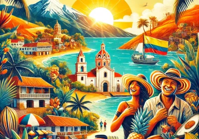 Una ilustración vibrante y artística que representa la diversidad de Colombia, mostrando paisajes icónicos como las playas del Caribe con aguas turquesas, las montañas de los Andes con un pintoresco pueblo colonial, la exuberante selva amazónica y un animado mercado lleno de frutas coloridas y locales sonrientes. La imagen transmite la calidez y la riqueza cultural del país, perfecta para inspirar un viaje inolvidable.