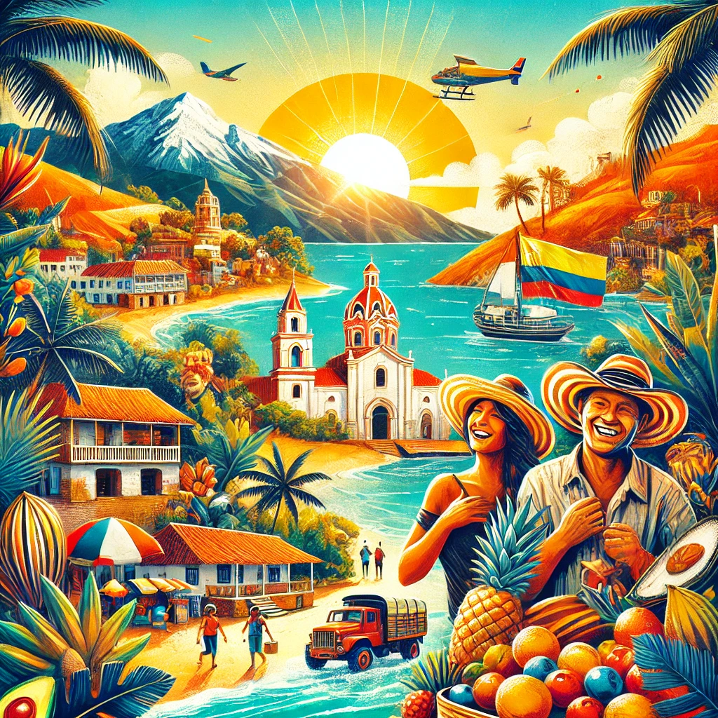 Una ilustración vibrante y artística que representa la diversidad de Colombia, mostrando paisajes icónicos como las playas del Caribe con aguas turquesas, las montañas de los Andes con un pintoresco pueblo colonial, la exuberante selva amazónica y un animado mercado lleno de frutas coloridas y locales sonrientes. La imagen transmite la calidez y la riqueza cultural del país, perfecta para inspirar un viaje inolvidable.