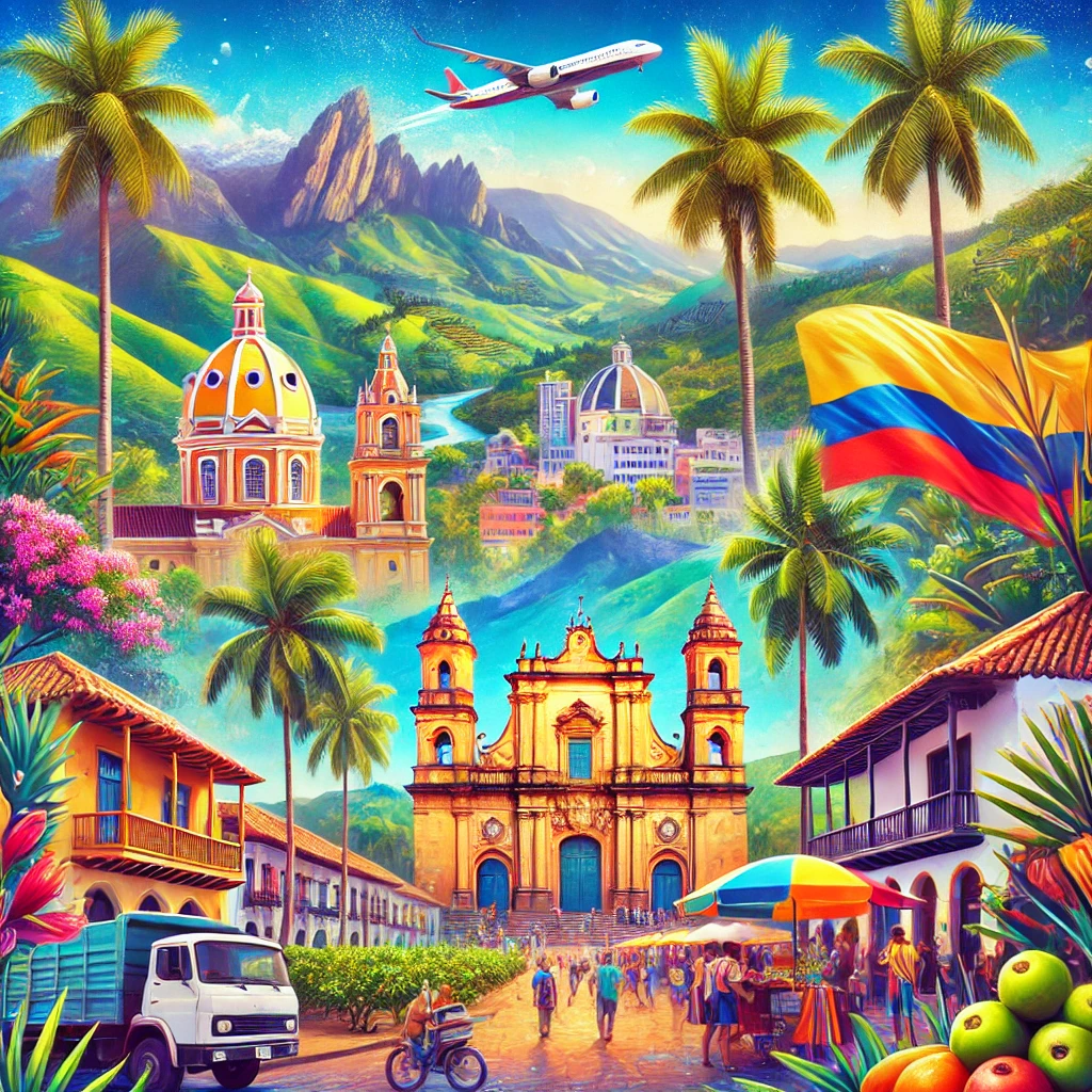 Una ilustración vibrante y artística que representa la diversidad de Colombia, mostrando paisajes icónicos como las playas del Caribe con aguas turquesas, las montañas de los Andes con un pintoresco pueblo colonial, la exuberante selva amazónica y un animado mercado lleno de frutas coloridas y locales sonrientes. La imagen transmite la calidez y la riqueza cultural del país, perfecta para inspirar un viaje inolvidable,  viaje a colombia